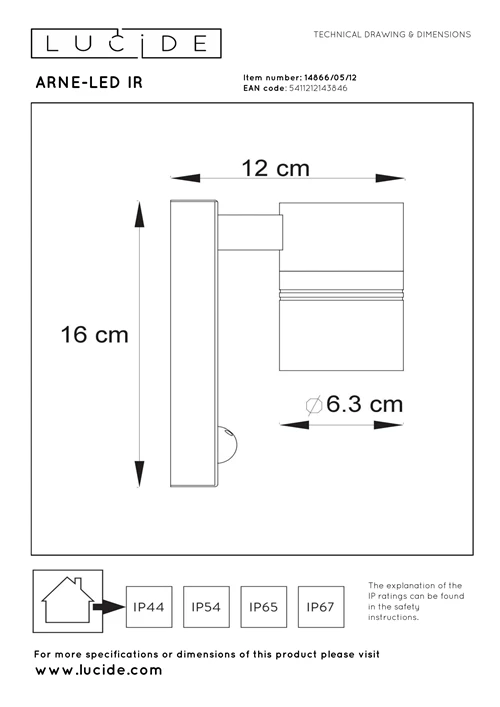 Lucide ARNE-LED IR - Spot mural / Applique mural Intérieur/Extérieur - Ø 6,3 cm - LED - GU10 - 1x5W 2700K - IP44- Détecteur De Mouvement & Jour/Nuit - Chrome Dépoli - technique